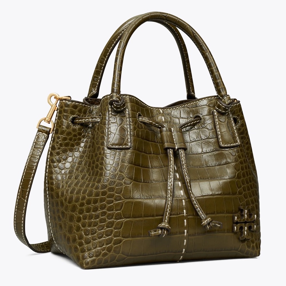 Tory Burch MCGRAW EMBOSSED SMALL DRAWSTRING SATCHEL
New Olive